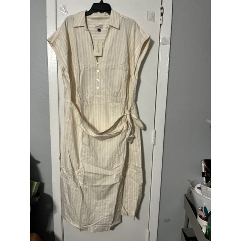 Universal Thread Cream Striped Midi Dress Plus Size 1X Cotton Rayon Tie Waist
